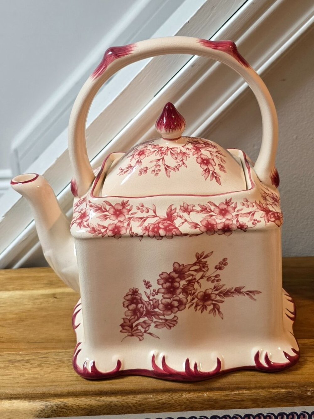 Vintage Cracker Barrel Red Transferware Square Ceramic Teapot